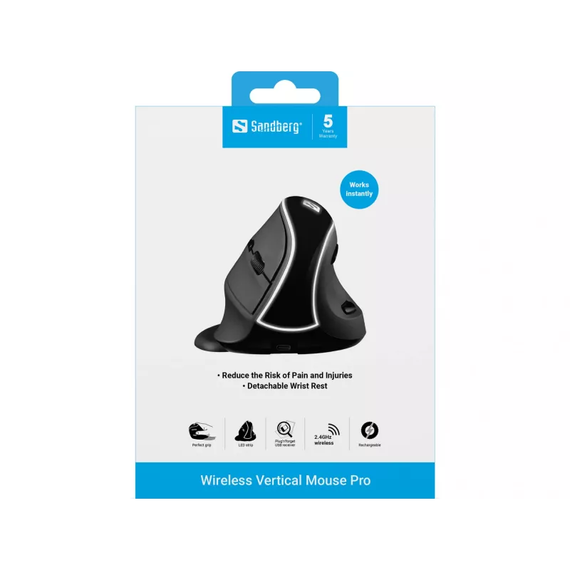 Sandberg Wireless Vertical pelė Pro, dešiniarankė, vertikalus dizainas, optinė, RF belaidė, 1600 DPI, juoda