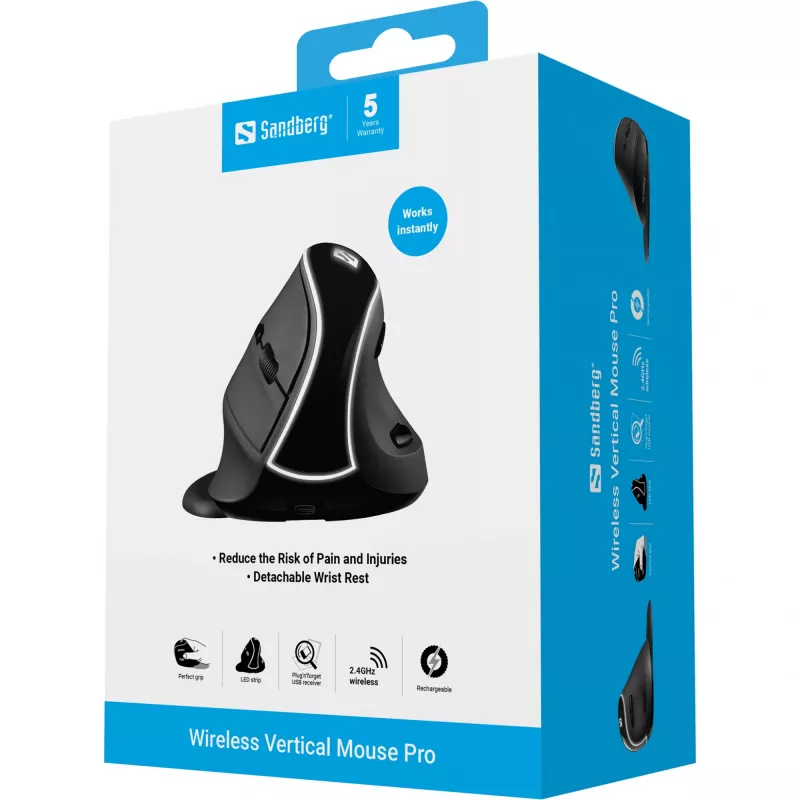 Sandberg Wireless Vertical pelė Pro, dešiniarankė, vertikalus dizainas, optinė, RF belaidė, 1600 DPI, juoda