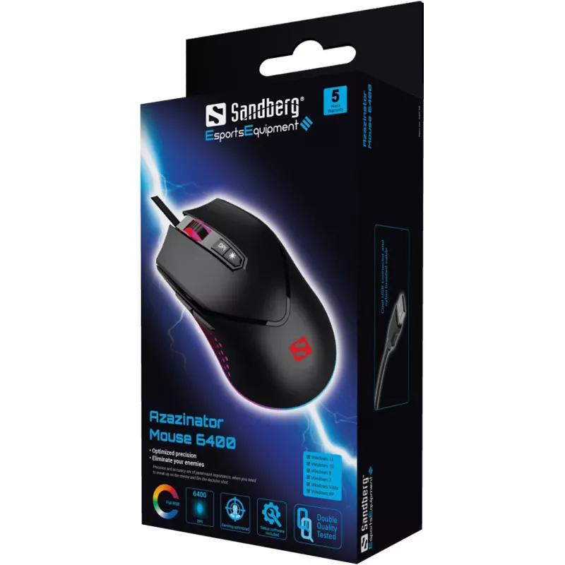 Sandberg Azazinator pelė 6400, dešiniarankiams, USB Type-A, 6400 DPI, juoda