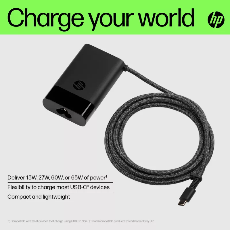 HP USB-C 65W nešiojamojo kompiuterio įkroviklis, Nešiojamasis kompiuteris, Vidaus, 90 V, 47 - 63 Hz, 65 W, 5 - 20 V