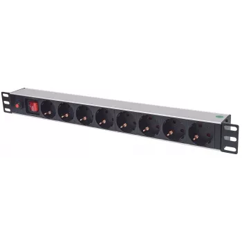 Intellinet 19 colių 1U stovo 8 išėjimų maitinimo paskirstymo įrenginys (PDU) su EU CEE 7/3 lizdais, įjungimo/išjungimo jungikliu ir perkrovos apsauga, įmontuotas 3 m maitinimo laidas su EU CEE 7/4 kištuku