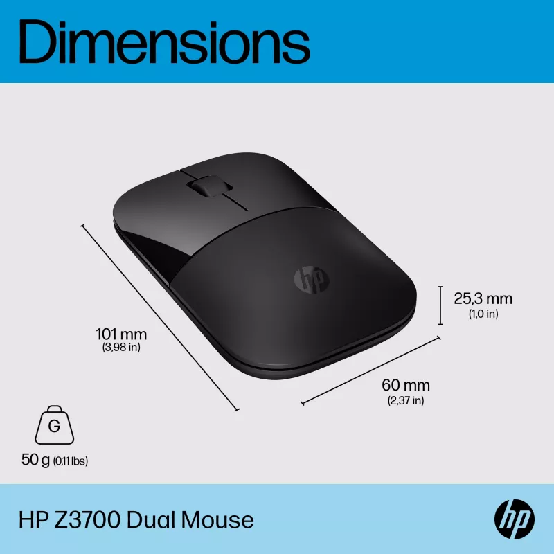 HP Z3700 Dual Juoda pelė, Ambidextrous, RF Wireless, 1600 DPI, Juoda