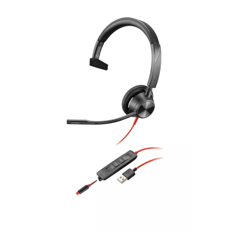 HP Poly Poly Blackwire 3315 USB-A ausinės, laidinės, 20 - 20000 Hz, biurui / skambučių centrui, 102 g, ant galvos dedamos, juodos, raudonos