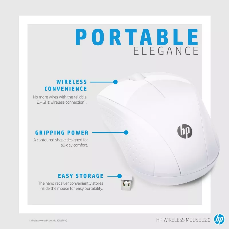 HP Wireless pelė 220 (Snow White), Optical, RF Wireless, White