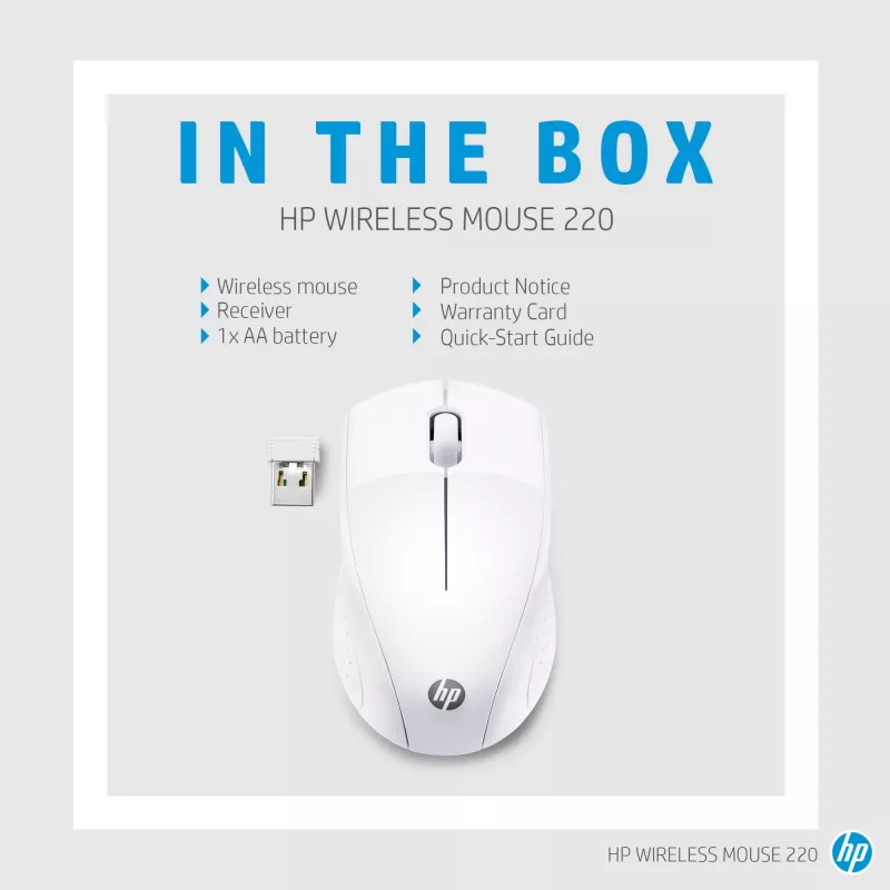 HP Wireless pelė 220 (Snow White), Optical, RF Wireless, White