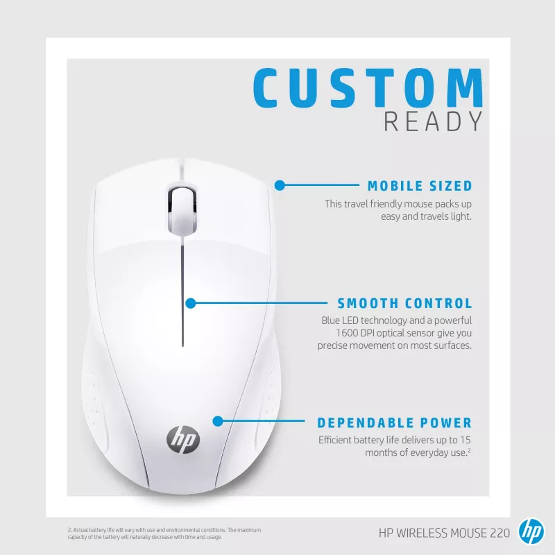 HP Wireless pelė 220 (Snow White), Optical, RF Wireless, White