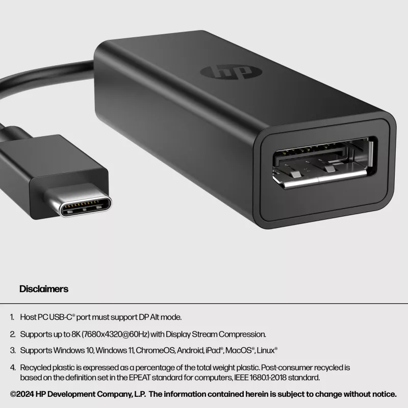 HP USB-C į DisplayPort adapteris G2, 0,12 m, DisplayPort, USB Type-C, Moteriška, Vyriška, 7680 x 4320 pikseliai