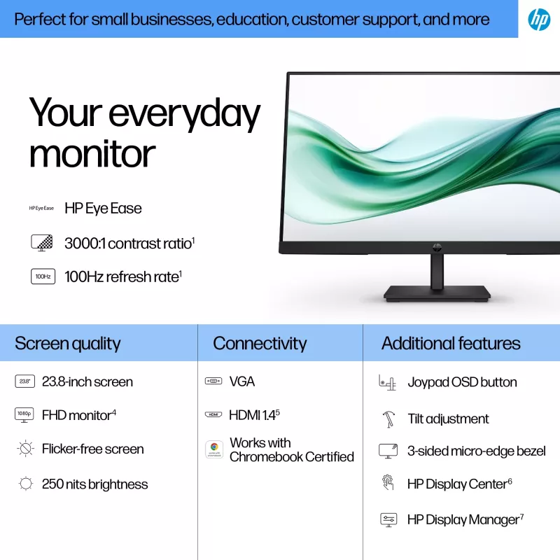 HP Series 3 Pro 23,8 colio FHD monitorius - 324pv, 60,5 cm (23,8 colio), 1920 x 1080 pikselių, Full HD, LCD, 5 ms, juodos spalvos