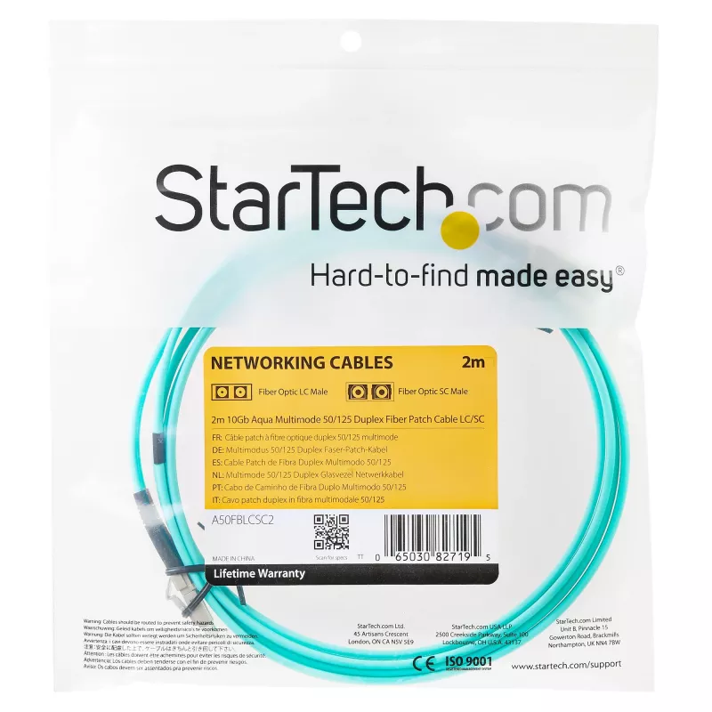 StarTech.com 2m (6ft) LC/UPC to LC/UPC OM3 Multimode Fiber Optic kabelis, Full Duplex 50/125µm Zipcord kabelis, 100G, maži įterpimo nuostoliai, LSZH šviesolaidinis kabelis