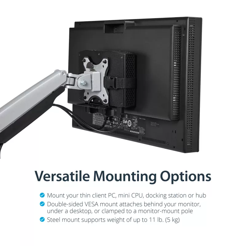 StarTech.com Thin Client Mount - VESA tvirtinimo laikiklis, Monitoriaus stovo CPU laikiklis, Mažas stalinis kompiuteris, 5 kg, 75 x 75, 100 x 100 mm, Juoda, Plastikas, Plienas