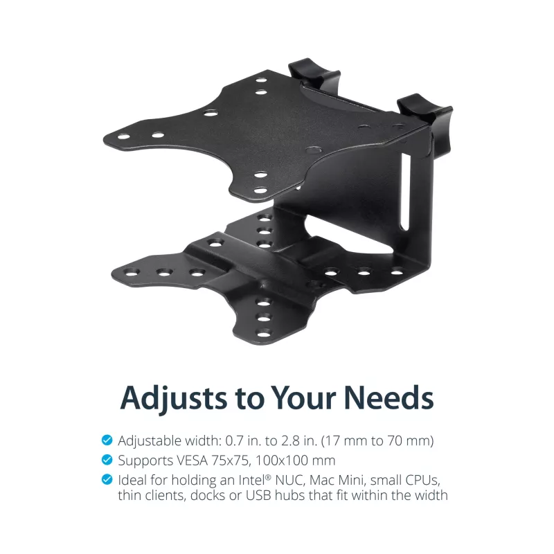 StarTech.com Thin Client Mount - VESA tvirtinimo laikiklis, Monitoriaus stovo CPU laikiklis, Mažas stalinis kompiuteris, 5 kg, 75 x 75, 100 x 100 mm, Juoda, Plastikas, Plienas