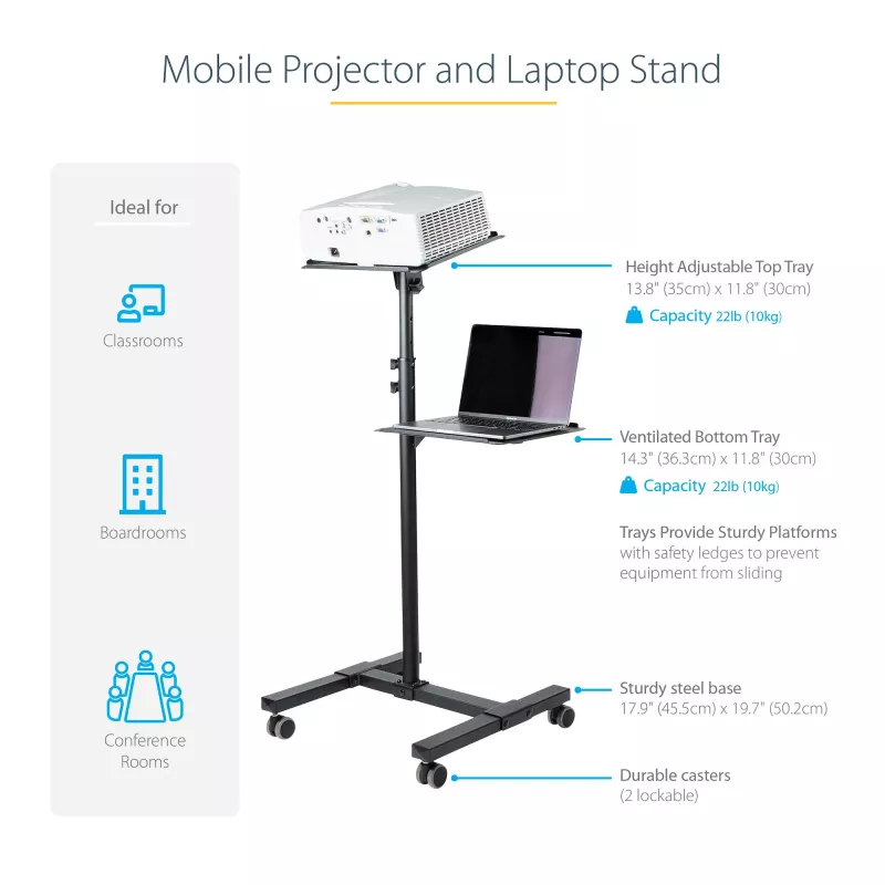 StarTech.com mobilus projektoriaus ir nešiojamojo kompiuterio stovas / vežimėlis – tvirtas nešiojamas projektoriaus stovas (2 lentynos, kiekviena atlaiko iki 10 kg) – reguliuojamo aukščio pristatymų vežimėlis su fiksuojamais ratukais