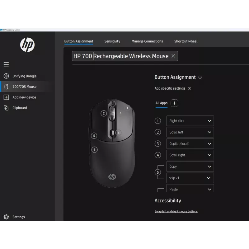 HP 700 Įkraunama belaidė pelė, abiem rankoms tinkama, RF belaidis + Bluetooth, 6000 DPI, juoda