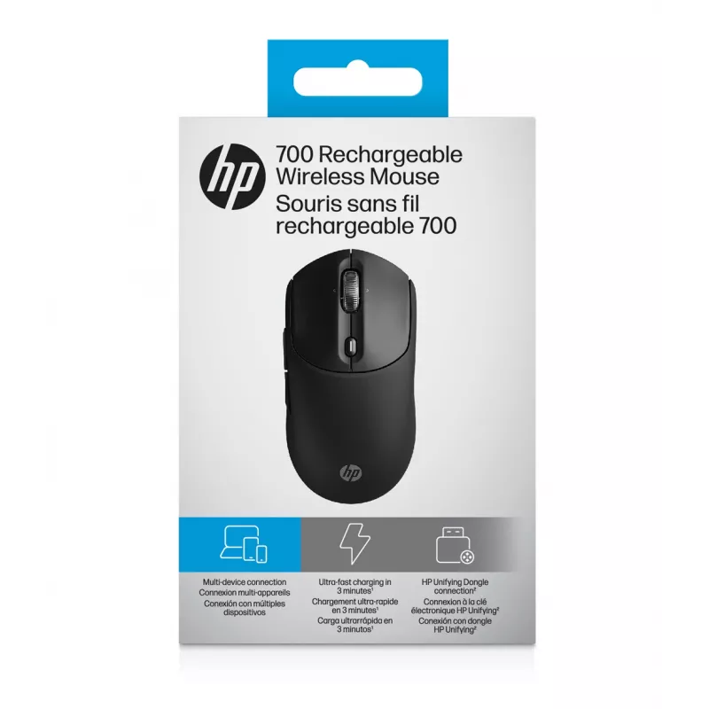 HP 700 Įkraunama belaidė pelė, abiem rankoms tinkama, RF belaidis + Bluetooth, 6000 DPI, juoda