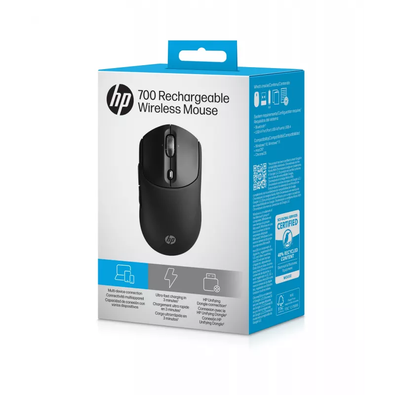 HP 700 Įkraunama belaidė pelė, abiem rankoms tinkama, RF belaidis + Bluetooth, 6000 DPI, juoda