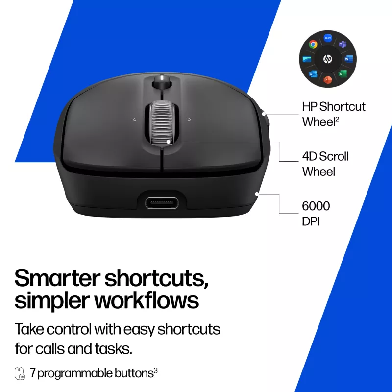 HP 700 Įkraunama belaidė pelė, abiem rankoms tinkama, RF belaidis + Bluetooth, 6000 DPI, juoda