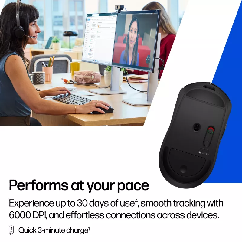HP 700 Įkraunama belaidė pelė, abiem rankoms tinkama, RF belaidis + Bluetooth, 6000 DPI, juoda
