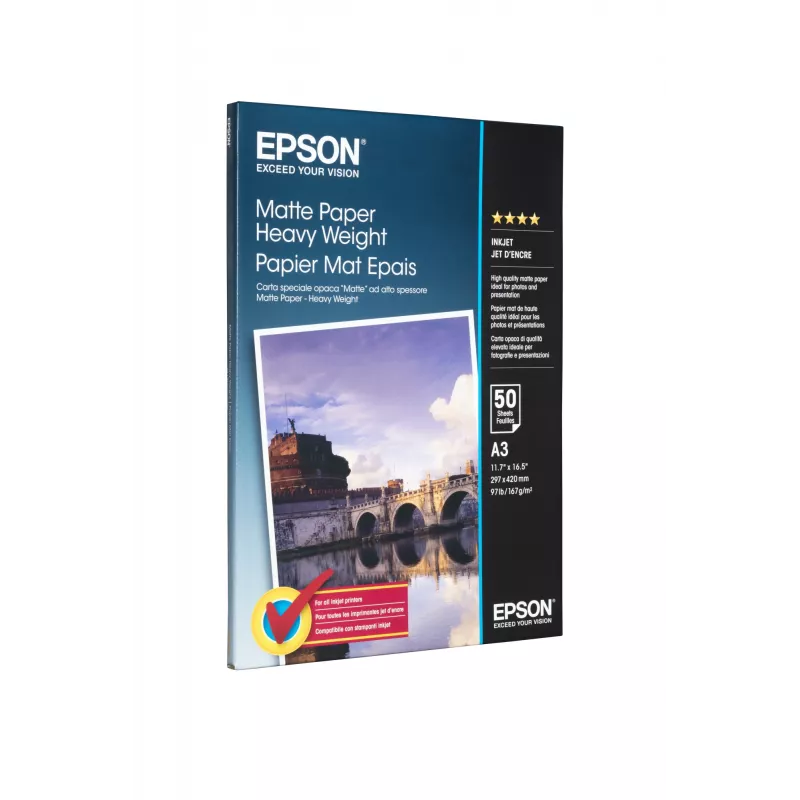 Epson Matte Paper Heavy Weight, DIN A3, 167g/m², 50 lapų, rašaliniam spausdinimui, A3 (297x420 mm), matinis, 50 lapų, 167 g/m², baltas
