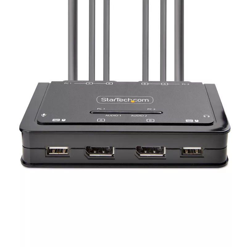 StarTech.com 2 prievadų dviejų monitorių DisplayPort kabelinis KVM jungiklis, 4K 60Hz, kompaktiškas KVM su 1,5 m USB-A/DisplayPort/garso integruotais kabeliais, maitinamas per USB – nuotolinis mygtukas / spartieji klavišai