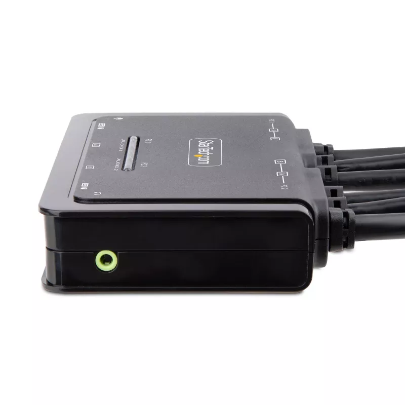 StarTech.com 2 prievadų dviejų monitorių DisplayPort kabelinis KVM jungiklis, 4K 60Hz, kompaktiškas KVM su 1,5 m USB-A/DisplayPort/garso integruotais kabeliais, maitinamas per USB – nuotolinis mygtukas / spartieji klavišai