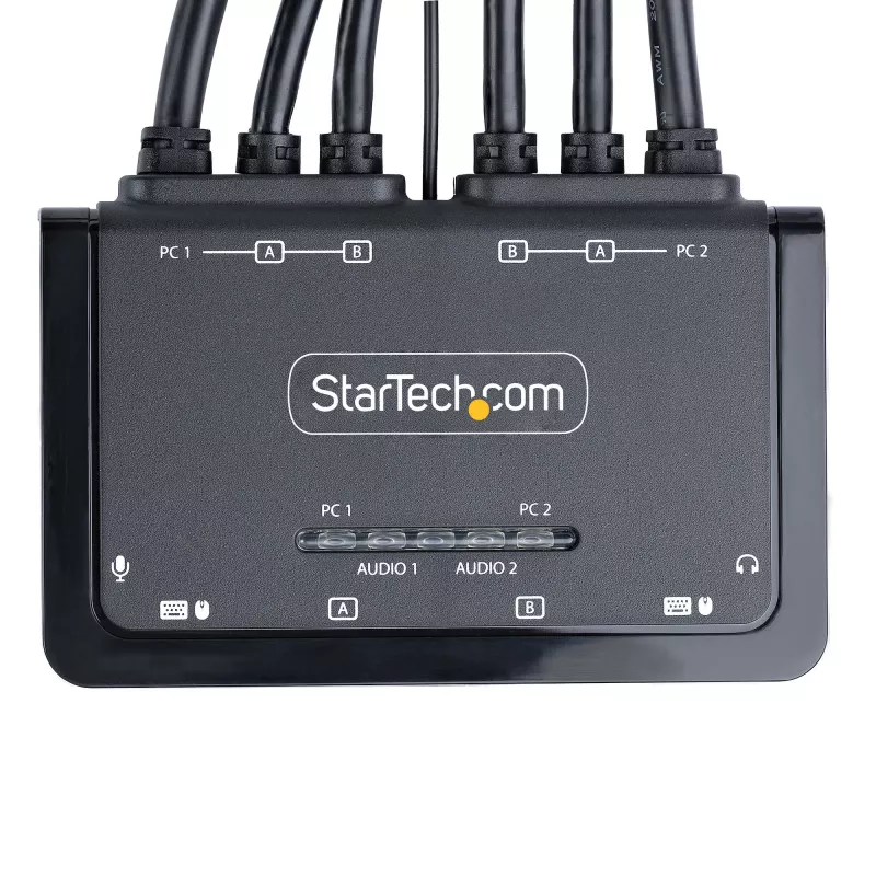 StarTech.com 2 prievadų dviejų monitorių DisplayPort kabelinis KVM jungiklis, 4K 60Hz, kompaktiškas KVM su 1,5 m USB-A/DisplayPort/garso integruotais kabeliais, maitinamas per USB – nuotolinis mygtukas / spartieji klavišai
