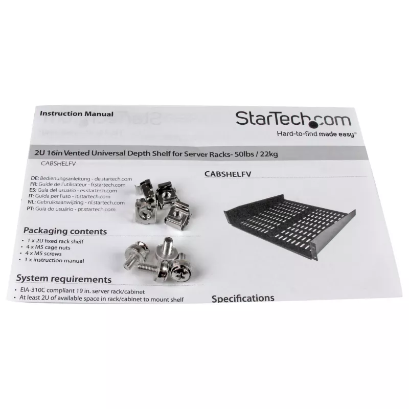 StarTech.com 2U serverio stovo lentyna - universali ventiliuojama stovo montavimo konsolinė dėkla 19 colių tinklo įrangos stovui ir spintai - tvirto plieno - keliamoji galia 50 svarų/23 kg - 16 colių gylio lentyna, juoda
