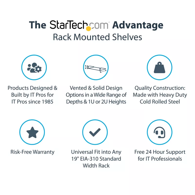 StarTech.com 2U serverio stovo lentyna - universali ventiliuojama stovo montavimo konsolinė dėkla 19 colių tinklo įrangos stovui ir spintai - tvirto plieno - keliamoji galia 50 svarų/23 kg - 16 colių gylio lentyna, juoda