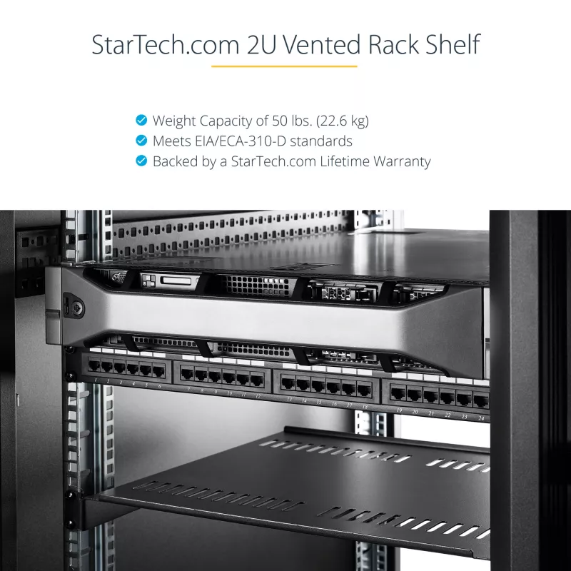 StarTech.com 2U serverio stovo lentyna - universali ventiliuojama stovo montavimo konsolinė dėkla 19 colių tinklo įrangos stovui ir spintai - tvirto plieno - keliamoji galia 50 svarų/23 kg - 16 colių gylio lentyna, juoda
