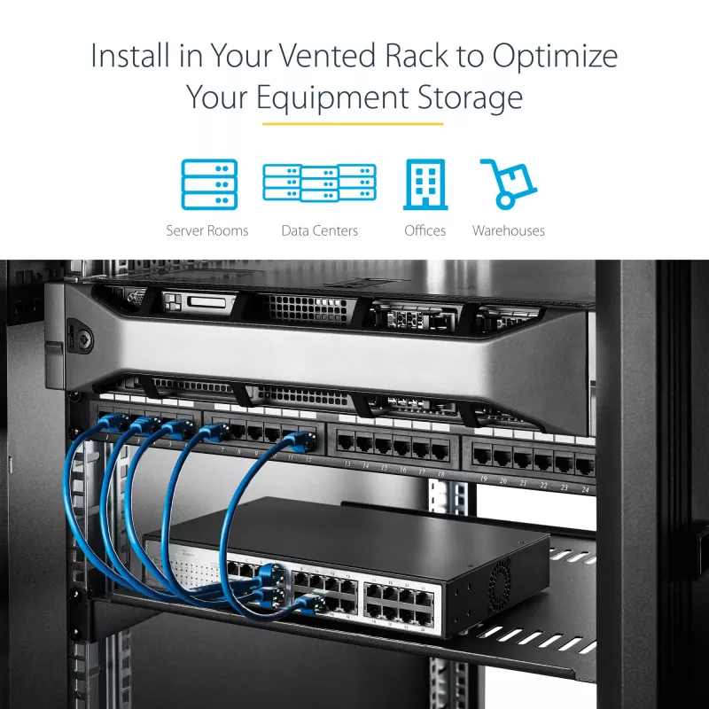 StarTech.com 2U serverio stovo lentyna - universali ventiliuojama stovo montavimo konsolinė dėkla 19 colių tinklo įrangos stovui ir spintai - tvirto plieno - keliamoji galia 50 svarų/23 kg - 16 colių gylio lentyna, juoda