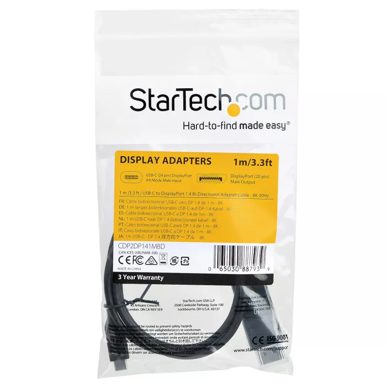 StarTech.com 3,3 pėd. (1 m) USB-C į DisplayPort 1.4 laidas 8K 60 Hz / 4K – dvipusis DP į USB-C arba USB-C į DP reversinis vaizdo adapterio laidas – HBR3 / HDR / DSC – USB Type-C / Thunderbolt monitoriaus laidas