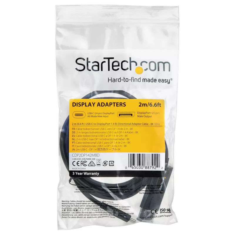 StarTech.com 1,8 m (2 m) USB C į DisplayPort 1.4 kabelis 8K 60Hz/4K – Dviejų krypčių DP į USB-C arba USB-C į DP reversinis vaizdo adapterio kabelis – HBR3/HDR/DSC – USB Type C/TB3 monitoriaus kabelis (CDP2DP142MBD)