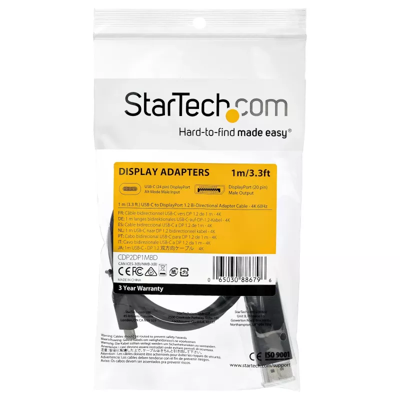 StarTech.com 1 m USB-C – DisplayPort 1.2 laidas 4K 60Hz – Dvikryptis DP į USB-C arba USB-C į DP grįžtamasis vaizdo adapterio laidas – HBR2/HDR – USB Type-C/Thunderbolt monitoriaus laidas