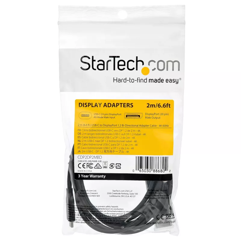 StarTech.com 6,6 pėd. (2 m) USB C į DisplayPort 1.2 laidas 4K 60Hz - Dvipusis DP į USB-C arba USB-C į DP grįžtamasis vaizdo adapterio laidas - HBR2/HDR - USB Type C/Thunderbolt monitoriaus laidas