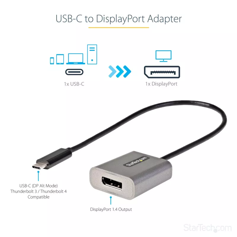 StarTech.com USB-C prie DisplayPort adapteris - 8K/4K 60Hz USB-C į DisplayPort 1.4 adapterio raktas - USB Type-C prie DP monitoriaus vaizdo keitiklis - Veikia su Thunderbolt 3 - su 12 colių ilgio pritvirtintu kabeliu
