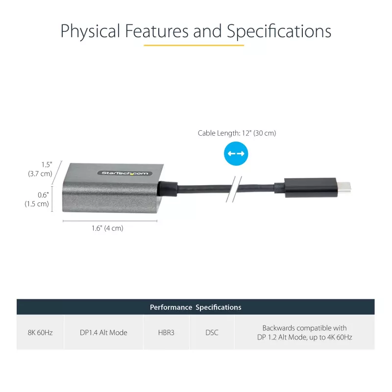 StarTech.com USB-C prie DisplayPort adapteris - 8K/4K 60Hz USB-C į DisplayPort 1.4 adapterio raktas - USB Type-C prie DP monitoriaus vaizdo keitiklis - Veikia su Thunderbolt 3 - su 12 colių ilgio pritvirtintu kabeliu