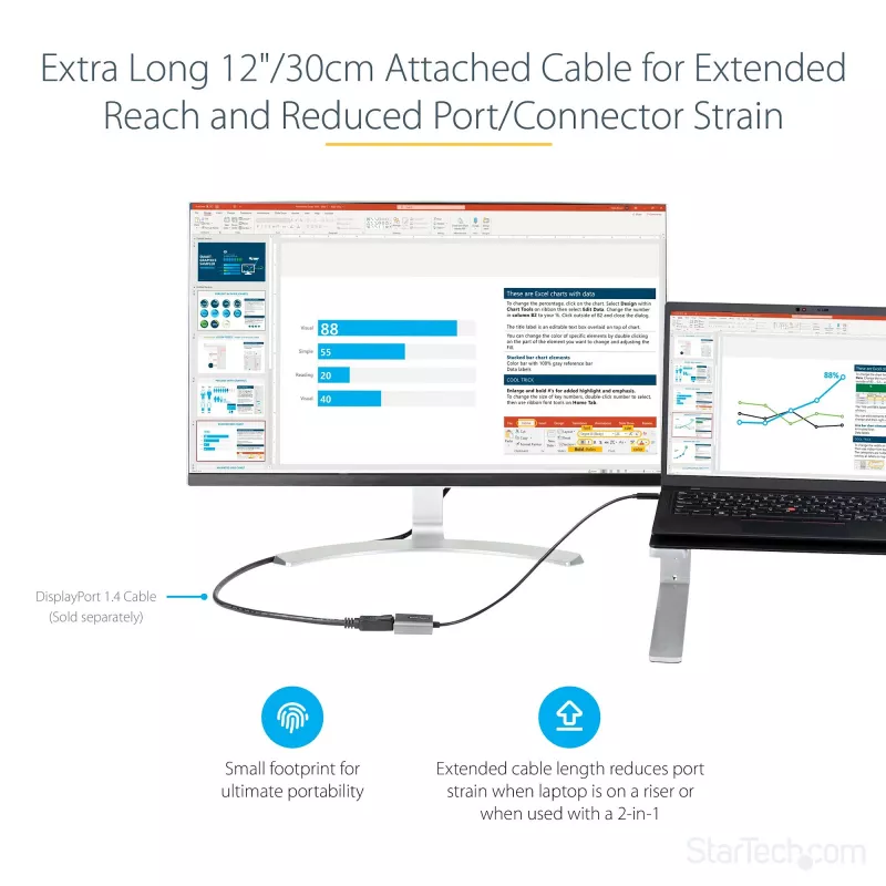 StarTech.com USB-C prie DisplayPort adapteris - 8K/4K 60Hz USB-C į DisplayPort 1.4 adapterio raktas - USB Type-C prie DP monitoriaus vaizdo keitiklis - Veikia su Thunderbolt 3 - su 12 colių ilgio pritvirtintu kabeliu