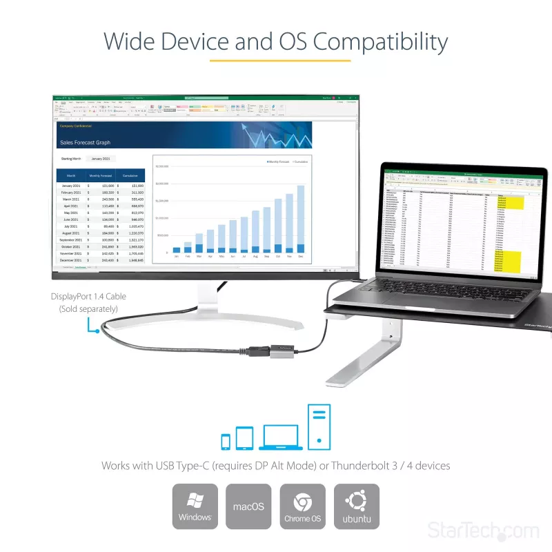 StarTech.com USB-C prie DisplayPort adapteris - 8K/4K 60Hz USB-C į DisplayPort 1.4 adapterio raktas - USB Type-C prie DP monitoriaus vaizdo keitiklis - Veikia su Thunderbolt 3 - su 12 colių ilgio pritvirtintu kabeliu