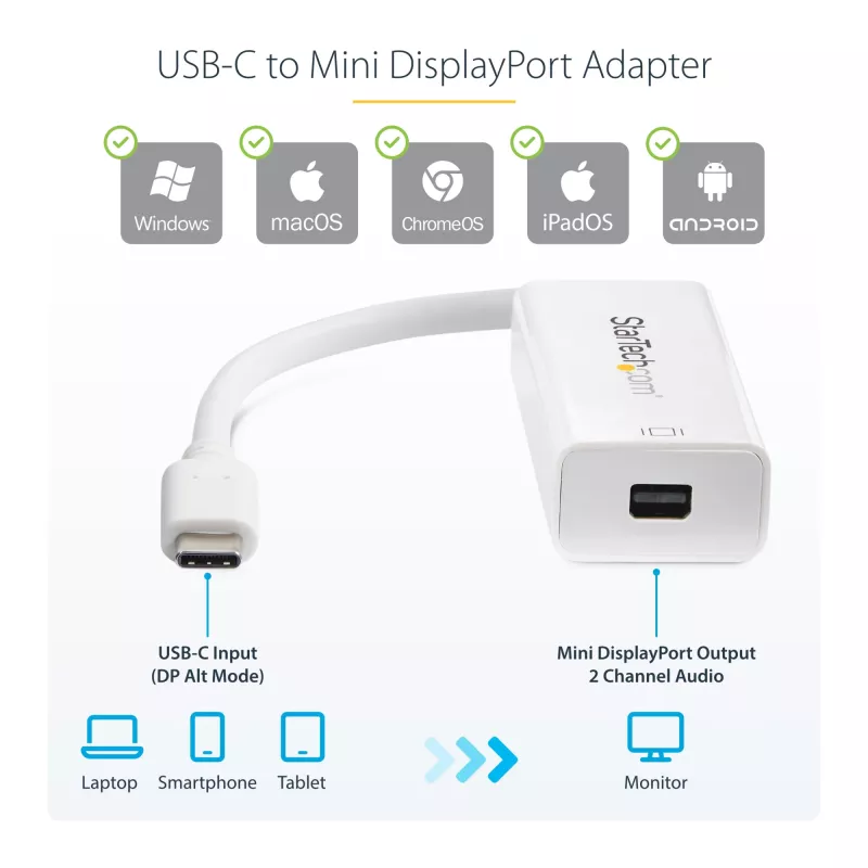 StarTech.com USB-C į Mini DisplayPort adapteris – 4K 60Hz – baltas – USB 3.1 Type-C į Mini DP adapteris – atnaujinta versija yra CDP2MDPEC