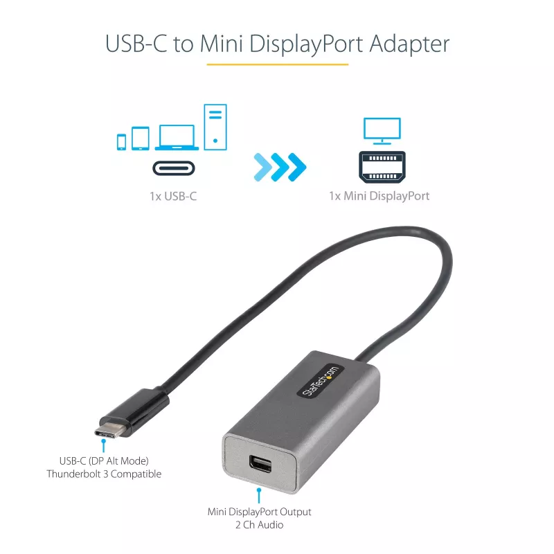 StarTech.com USB-C - Mini DisplayPort adapteris - 4K 60Hz USB-C - mDP adapterio raktas - USB Type-C - Mini DP monitorius - Vaizdo keitiklis - Veikia su Thunderbolt 3 - 12 colių ilgio prijungtas laidas - Atnaujinta CDP2MDP versija