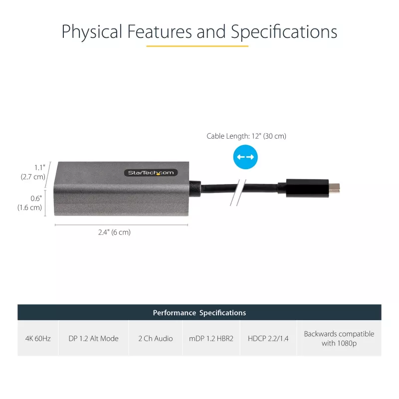 StarTech.com USB-C - Mini DisplayPort adapteris - 4K 60Hz USB-C - mDP adapterio raktas - USB Type-C - Mini DP monitorius - Vaizdo keitiklis - Veikia su Thunderbolt 3 - 12 colių ilgio prijungtas laidas - Atnaujinta CDP2MDP versija