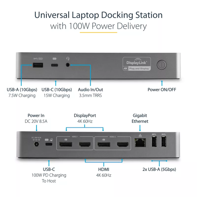 StarTech.com universali nešiojamojo kompiuterio prijungimo stotelė, hibridinis USB-C ir USB-A dokas, dviejų 4K DP ir HDMI, 100 W maitinimo tiekimas, Mac / Windows / Chrome OS, 4x USB 5 Gbps šakotuvas, GbE