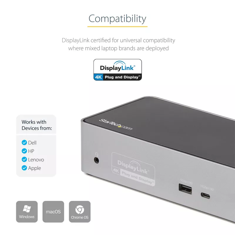 StarTech.com USB C Dokas - 4K 60Hz Keturių Monitorių DisplayPort ir HDMI - Universali USB-C Prijungimo Stotelė su 100W Energijos Tiekimu - USB Šakotuvas su 1x USB Type-C ir 3x USB-A, Ethernet, Garsas