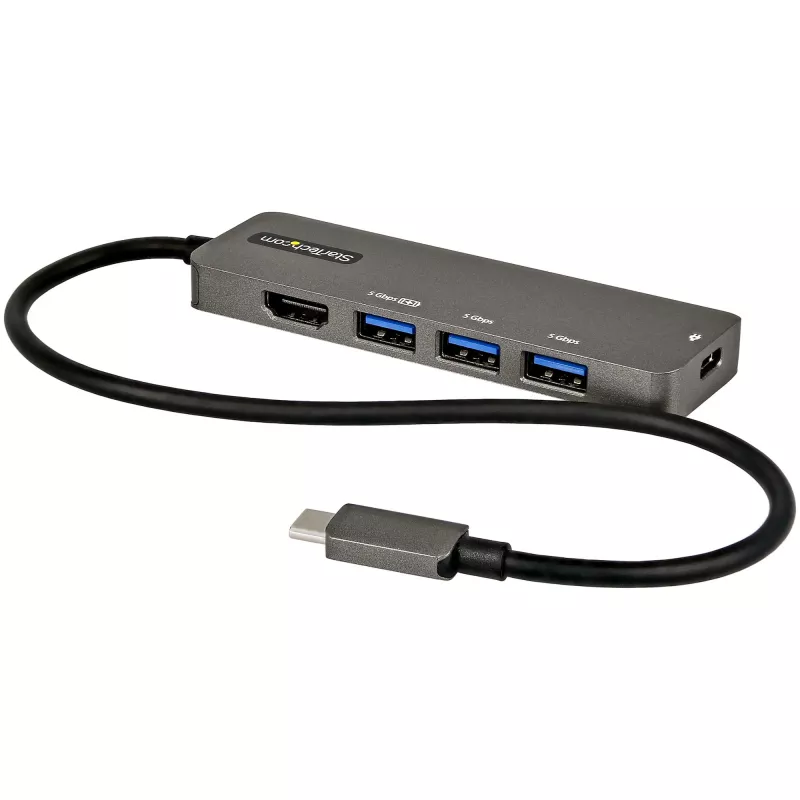 StarTech.com USB C daugiafunkcis adapteris – USB-C į HDMI 2.0b 4K 60Hz (HDR10), 100W maitinimo perdavimas, 4 prievadų USB 3.0 šakotuvas – USB Type-C mini dokas – 12 colių (30 cm) ilgio pritvirtintas kabelis