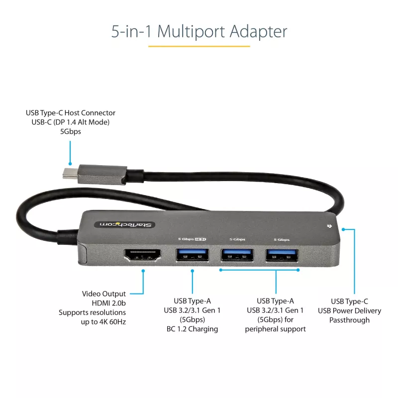 StarTech.com USB C daugiafunkcis adapteris – USB-C į HDMI 2.0b 4K 60Hz (HDR10), 100W maitinimo perdavimas, 4 prievadų USB 3.0 šakotuvas – USB Type-C mini dokas – 12 colių (30 cm) ilgio pritvirtintas kabelis