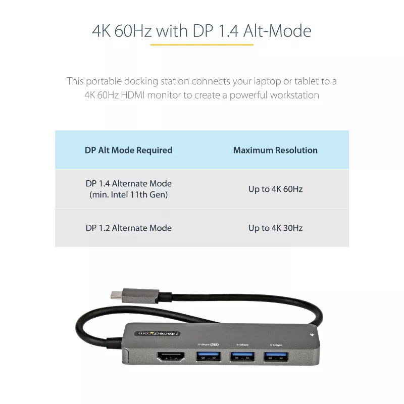 StarTech.com USB C daugiafunkcis adapteris – USB-C į HDMI 2.0b 4K 60Hz (HDR10), 100W maitinimo perdavimas, 4 prievadų USB 3.0 šakotuvas – USB Type-C mini dokas – 12 colių (30 cm) ilgio pritvirtintas kabelis