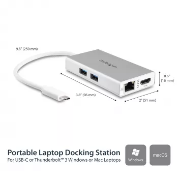 „StarTech.com“ USB-C daugiafunkcis adapteris – USB-C kelioninė prijungimo stotelė su 4K HDMI – 60 W maitinimo perdavimas, GbE, 2 prievadų USB-A 3.0 šakotuvas – nešiojama mini USB-C dokas nešiojamam kompiuteriui – balta