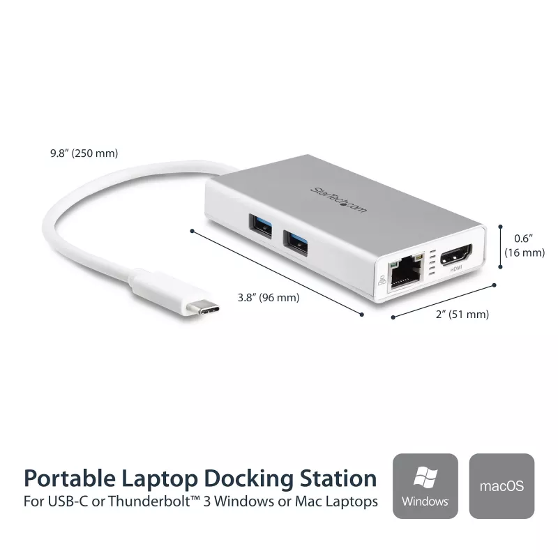 „StarTech.com“ USB-C daugiafunkcis adapteris – USB-C kelioninė prijungimo stotelė su 4K HDMI – 60 W maitinimo perdavimas, GbE, 2 prievadų USB-A 3.0 šakotuvas – nešiojama mini USB-C dokas nešiojamam kompiuteriui – balta