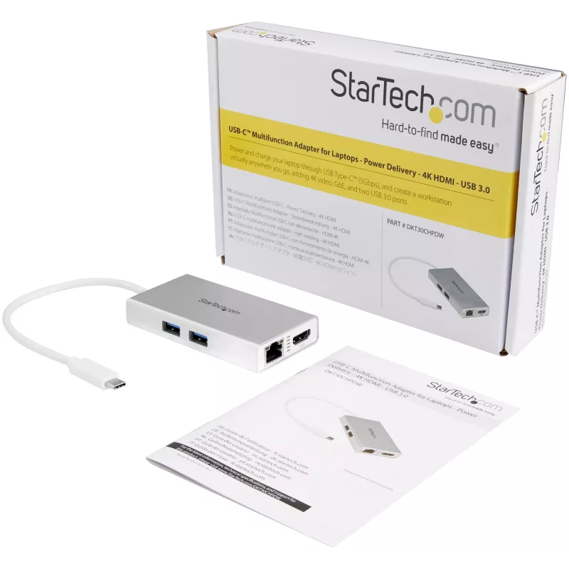 „StarTech.com“ USB-C daugiafunkcis adapteris – USB-C kelioninė prijungimo stotelė su 4K HDMI – 60 W maitinimo perdavimas, GbE, 2 prievadų USB-A 3.0 šakotuvas – nešiojama mini USB-C dokas nešiojamam kompiuteriui – balta