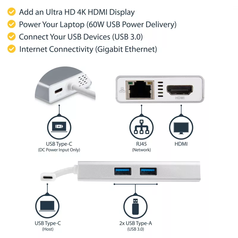 „StarTech.com“ USB-C daugiafunkcis adapteris – USB-C kelioninė prijungimo stotelė su 4K HDMI – 60 W maitinimo perdavimas, GbE, 2 prievadų USB-A 3.0 šakotuvas – nešiojama mini USB-C dokas nešiojamam kompiuteriui – balta
