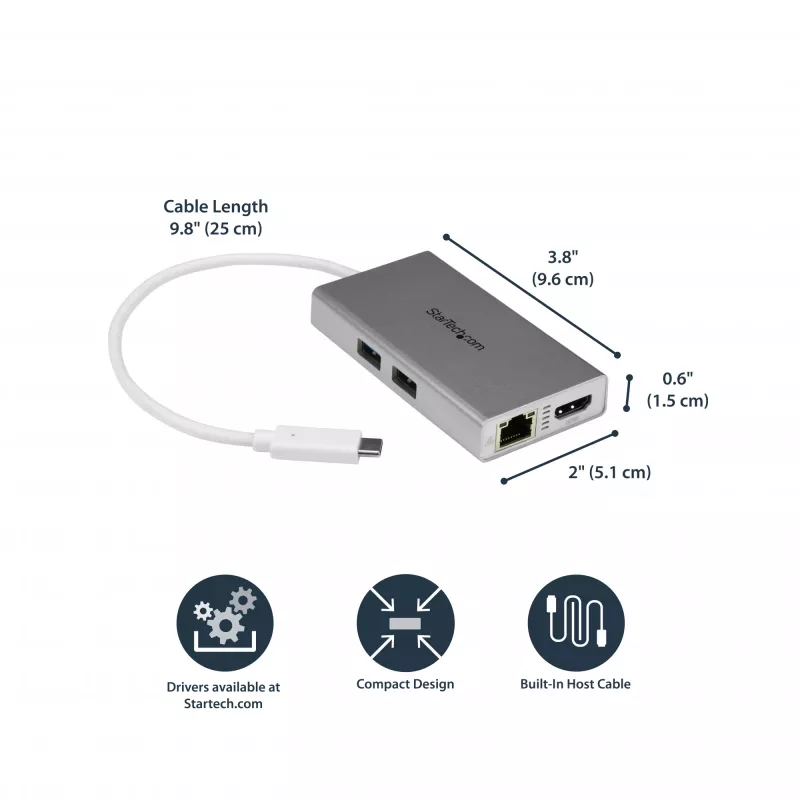 „StarTech.com“ USB-C daugiafunkcis adapteris – USB-C kelioninė prijungimo stotelė su 4K HDMI – 60 W maitinimo perdavimas, GbE, 2 prievadų USB-A 3.0 šakotuvas – nešiojama mini USB-C dokas nešiojamam kompiuteriui – balta